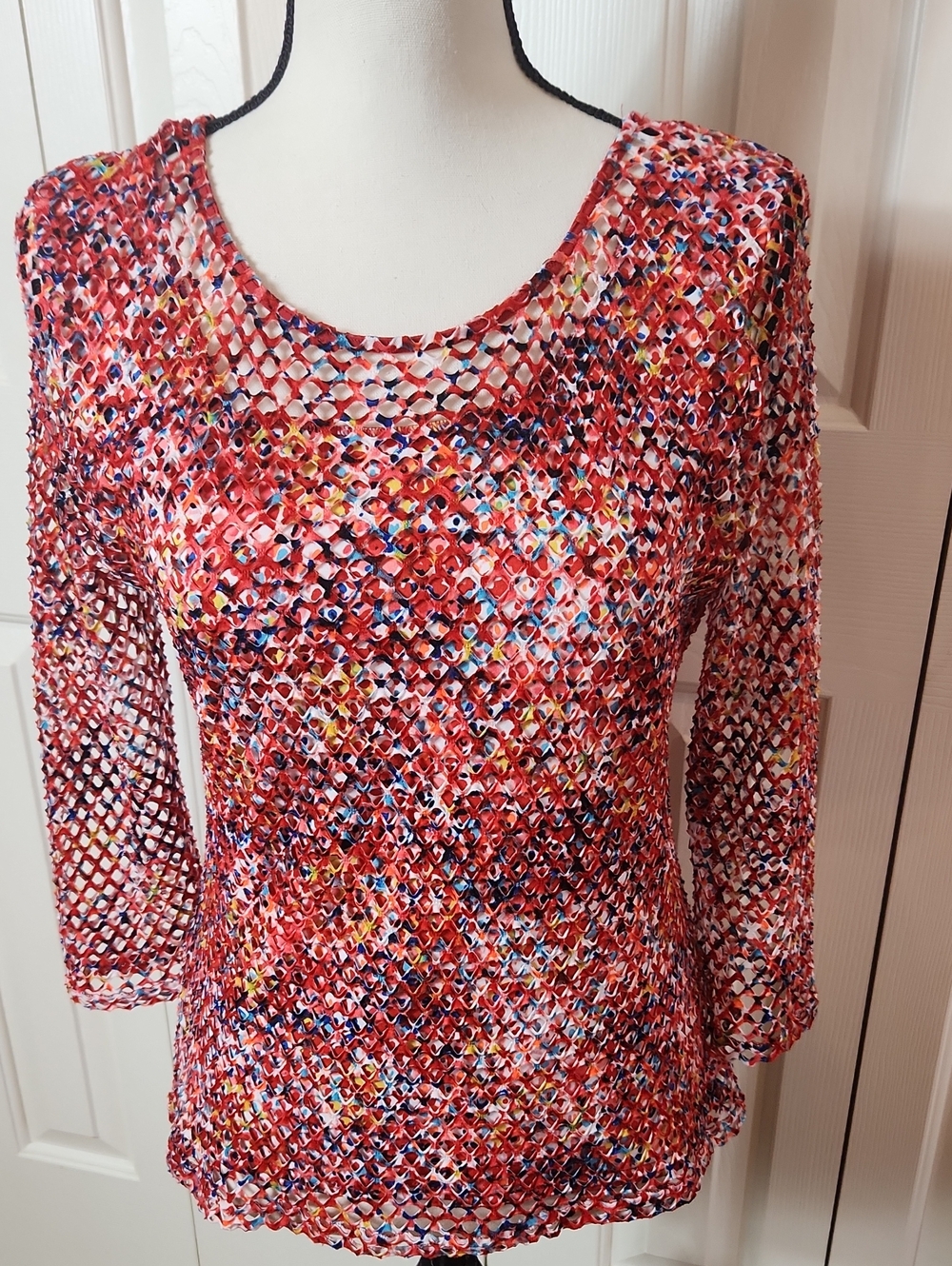 Peck & Peck Red Multicolor Open-Knit Scoop Neck Top